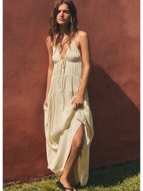 Zara Cream V-Neck Tiered Maxi Dress
